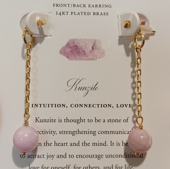LUNA NORTE 14K GOLD PLATED BRASS KUNZITE GEMSTONE CHAIN EARRINGS - Picture 2 of 9